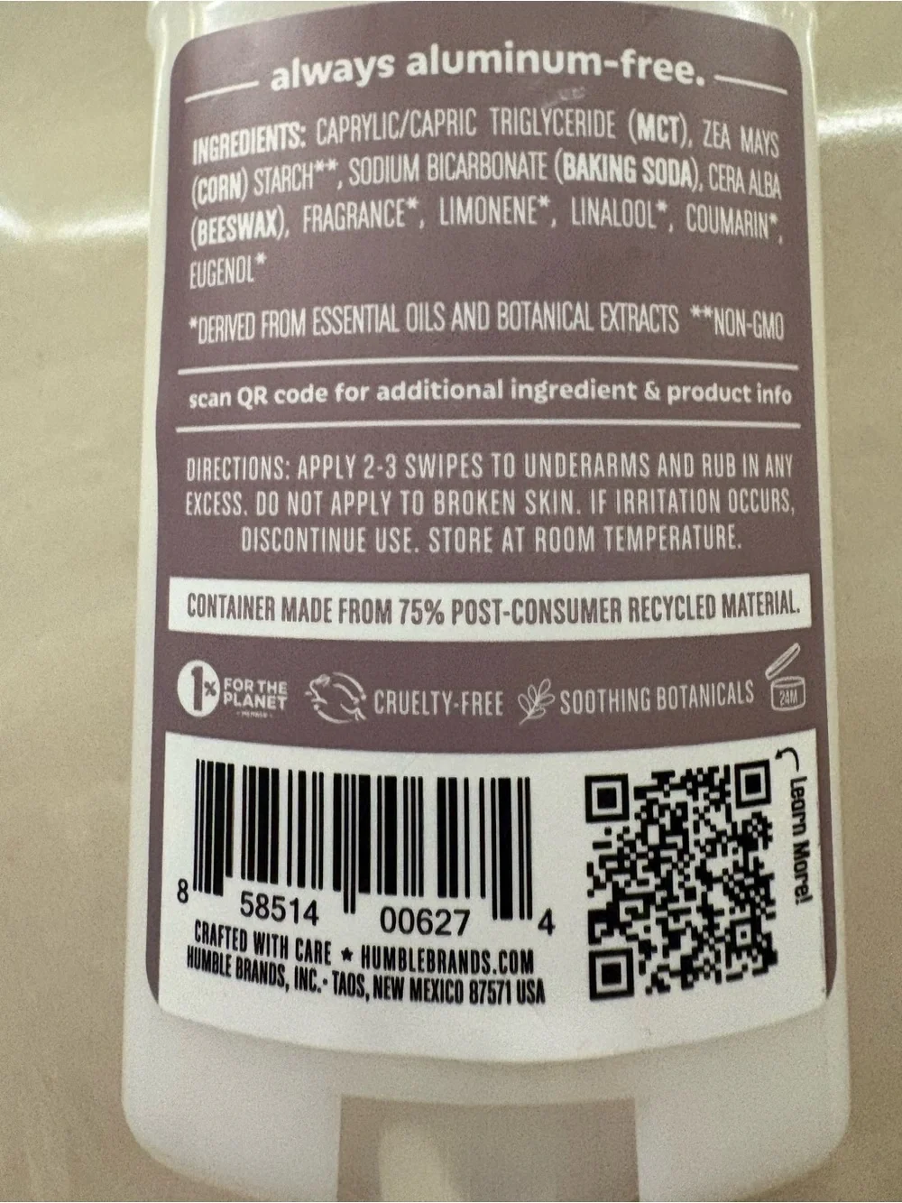 Humble Aluminum-Free Deodorant — Patchouli & Copal (Plum Label)